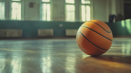 Single basketball on a hardwood court in a gymnasium.