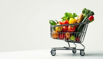 Grocery Shopping Cart Full of Fresh Produce on White Background