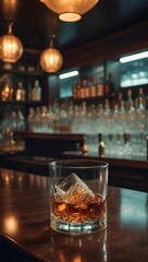 Professional photograph of a well-stocked bar featuring multiple shelves of premium spirits and liquor bottles arranged in elegant illuminated display. The warm ambient lighting highlights the amber b