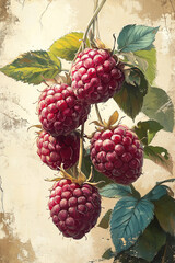 Ripe Raspberries on the Vine a Painted Still Life