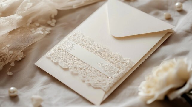 Elegant cream wedding invitation with delicate lace detail and soft fabric backdrop creates a sophisticated feel