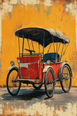 A Rustic Red Vintage Three Wheeled Carriage Against A Yellow Wall