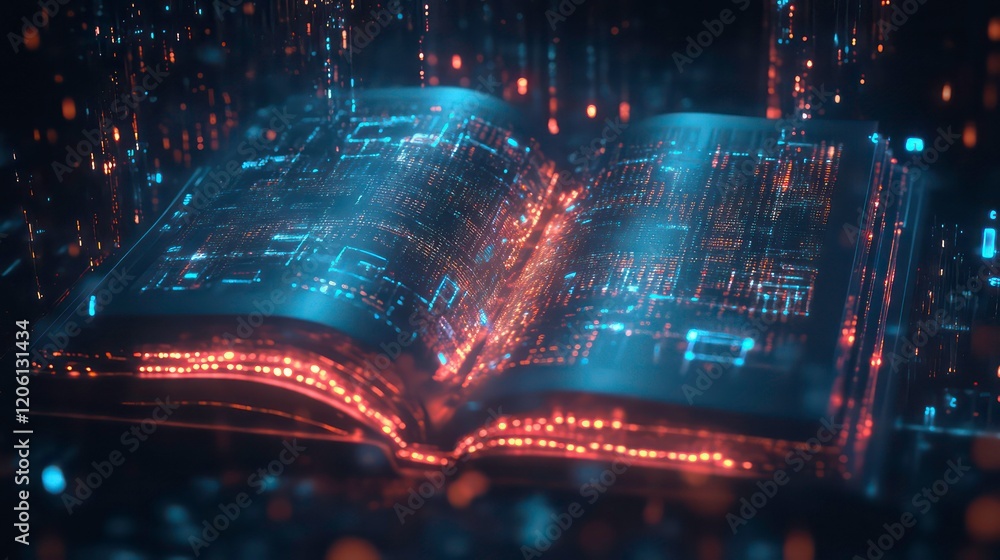 Poster Glowing digital book open, revealing intricate circuitry and data streams.