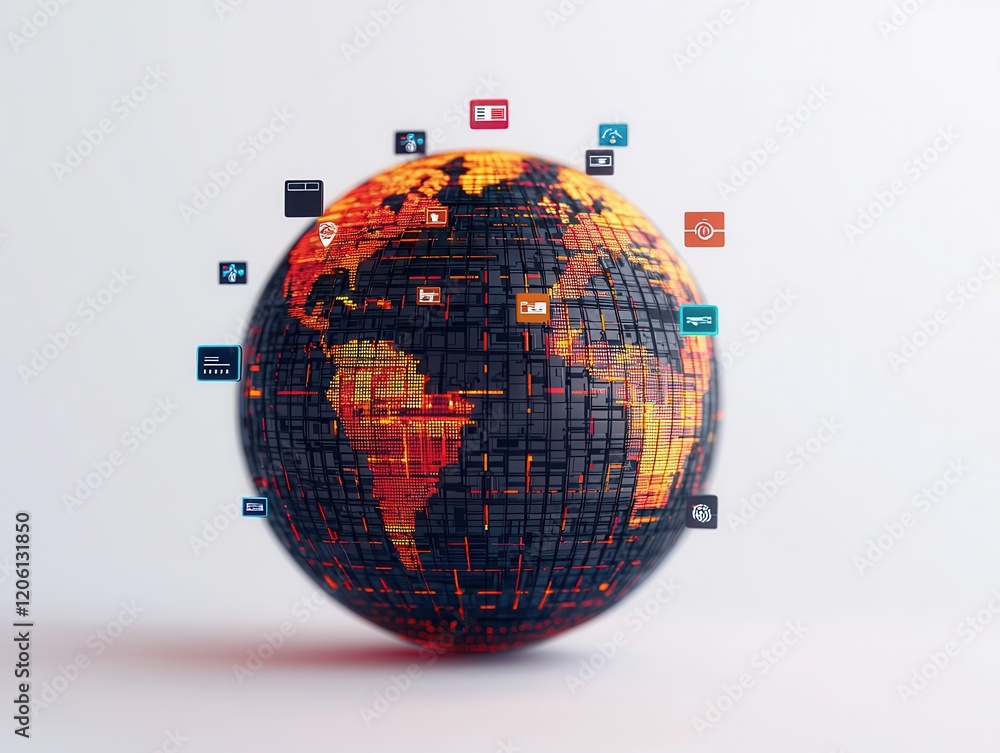 Poster a stylized globe covered in a grid pattern with vibrant colors, surrounded by social media icons rep