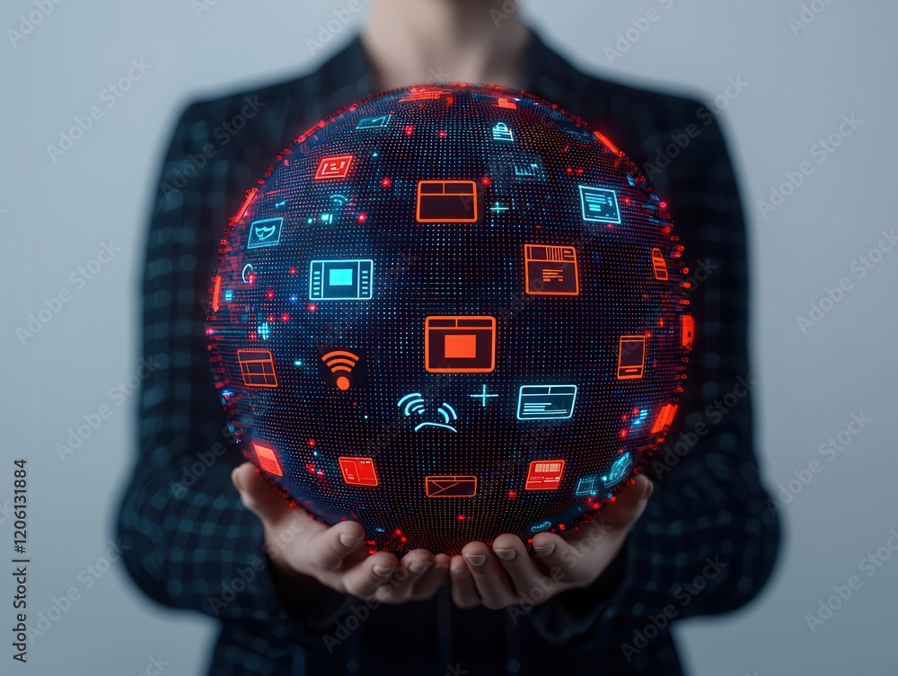 Poster a person holds a glowing digital globe displaying various technology and communication icons, symbol