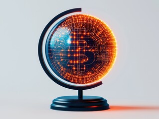 A stylized globe featuring a digital design, highlighting financial elements with glowing effects, symbolizing global finance and cryptocurrency.