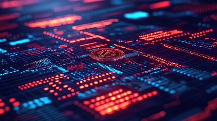 Fototapeta premium A vibrant, abstract representation of a circuit board with glowing red and blue lights, highlighting technological intricacies.