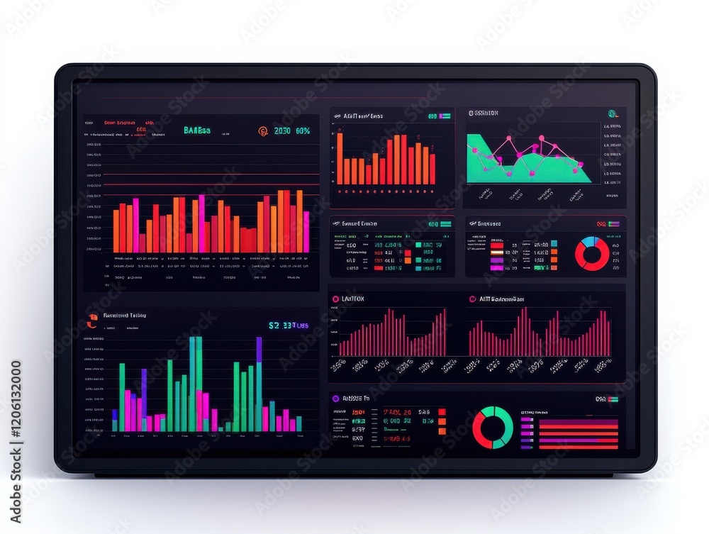 Poster a modern dashboard displaying colorful data visualizations, including bar graphs, line charts, and p
