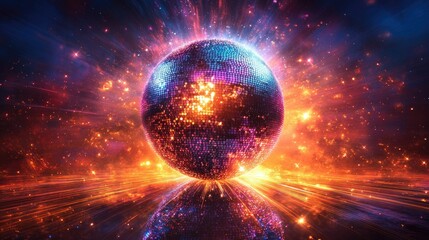 A vibrant disco ball surrounded by dynamic light bursts and cosmic colors.