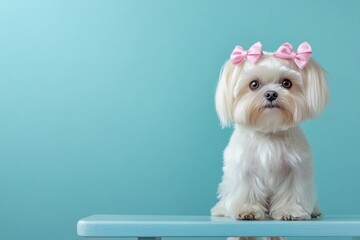 Adorable white Maltese dog with pink bows on fur sitting gracefully on soft blue background. Pastel hues highlight pet's fluffy coat and expressive eyes. For pet-related designs, grooming services