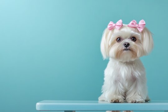 Adorable white Maltese dog with pink bows on fur sitting gracefully on soft blue background. Pastel hues highlight pet's fluffy coat and expressive eyes. For pet-related designs, grooming services