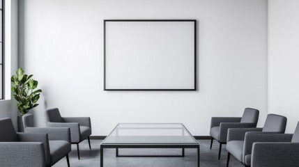 Fototapeta premium A minimalist waiting area featuring gray chairs, a glass table, and a blank frame on the wall, emphasizing simplicity and modern design.