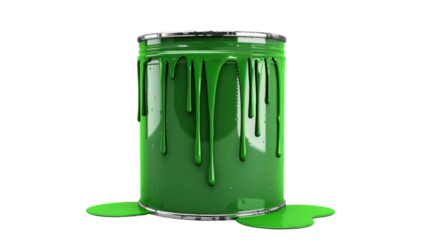 Paint tin can with dripping green paint on transparent background
