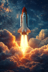 Space Shuttle Ascending Through Clouds Towards Stars