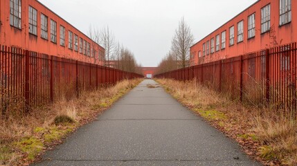 Fototapeta premium An empty pathway flanked by red industrial buildings, surrounded by overgrown grass, creating a sense of abandonment and stillness.