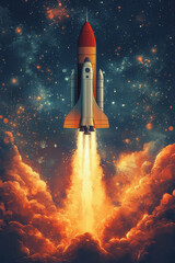 Spacecraft Ascending Through Fiery Clouds Towards Stars