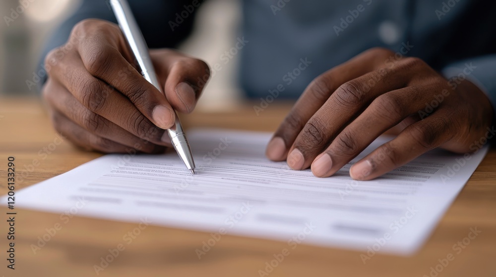 Poster a person writes on a sheet of paper with a pen, focusing intently on the task at hand.