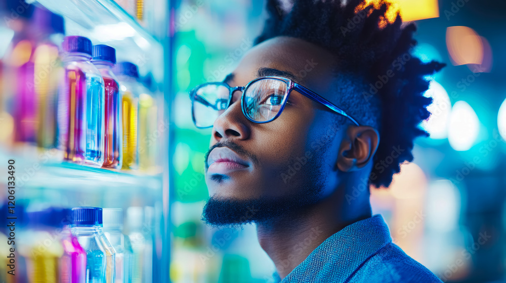 Poster intrigued scientist examining colorful liquids in illuminated lab