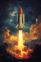 Fototapeta premium Space Shuttle Ascending Through Fiery Clouds Towards Stars