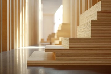 Fototapeta premium Stacked sheets of plywood in a warehouse, exhibiting natural wood grain patterns and textures, perfect for promotional materials and designs related to construction and carpentry