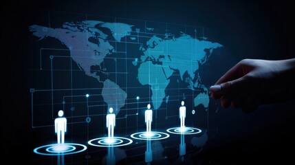 A digital interface shows silhouettes of people connected globally, emphasizing technology, networking, and human interaction in a virtual environment.