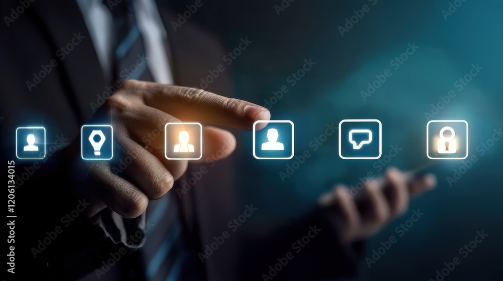Poster a businessman interacts with digital icons representing communication, security, and user profiles i