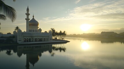 Majestic Mosque Reflecting in Calm Waters at Sunrise