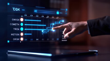 A hand interacts with a digital interface displaying data visualizations, highlighting analytics and technology in a modern workspace.