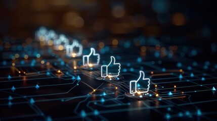 Digital illustration of glowing thumbs-up icons connected by lines, symbolizing social media engagement and positive interactions.