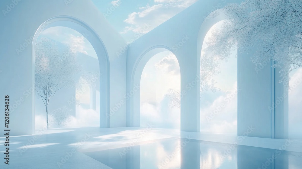 Poster soft gradient with pale blue transitioning into white, light clouds and delicate light reflections c