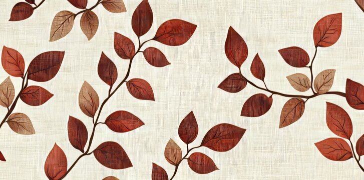 An abstract floral background with a modern twist, featuring stylized leaves in earthy chintz colors on a linen texture, perfect for digital prints and seamless patterns for wallpaper, fabric, and
