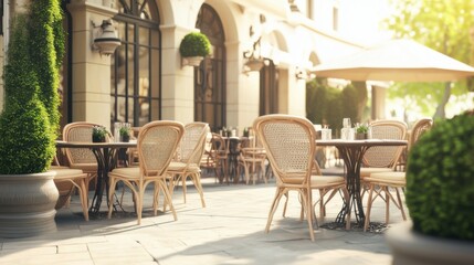Charming outdoor cafe terrace with wicker furniture in a sunlit urban setting during spring