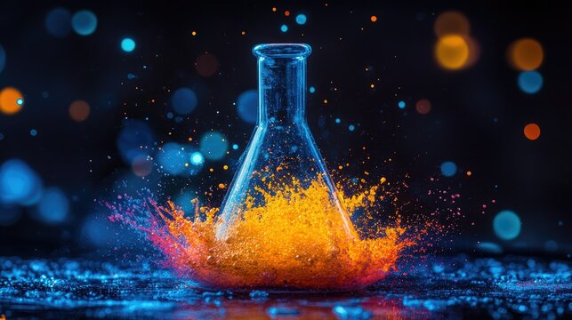 A vibrant glass flask splashes colorful liquid, symbolizing scientific experimentation and creativity.