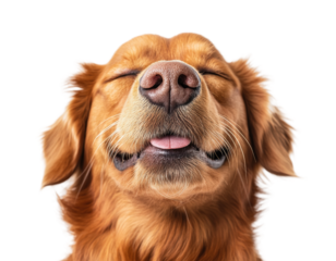 Golden retriever with closed eyes and joyful expression, capturing pure happiness isolated on transparent background