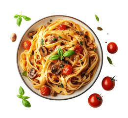 Delicious fettuccine pasta with mushrooms and cherry tomatoes garnished with fresh basil isolated on transparent background