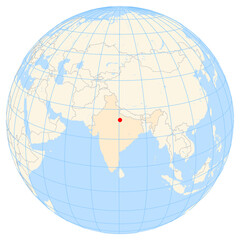 Map showing the location of the city Kanpur in India (Southern Asia) on the earth globe.