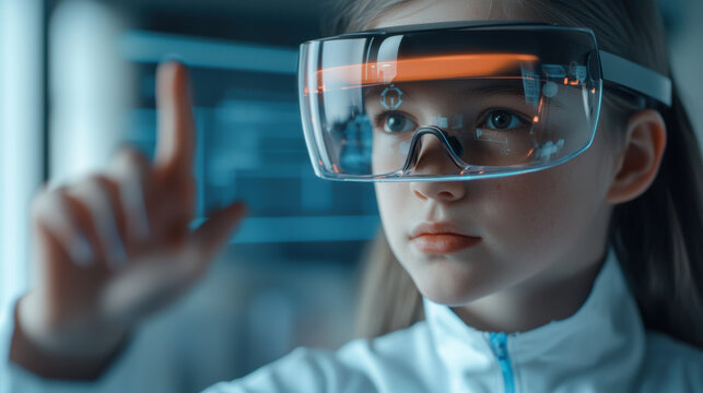 Girl wearing augmented reality glasses interacting with digital interface