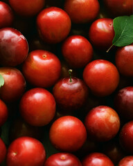 Many fresh plums with water drops as background, top view