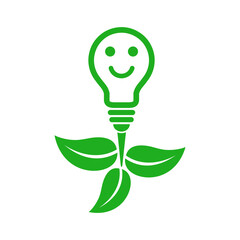 liście i uśmiechnięta żarówka, ikona zasilania ekologicznego © robert6666