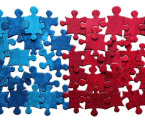 Colorful puzzle pieces arranged in a creative pattern resembling a flag in red and blue isolated on transparent background