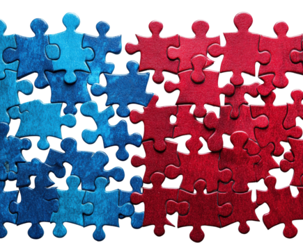 Colorful puzzle pieces arranged in a creative pattern resembling a flag in red and blue isolated on transparent background