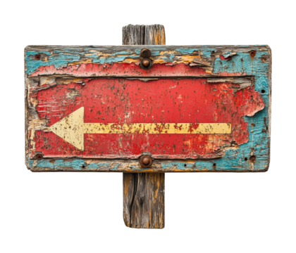 Vintage wooden sign with a red background and yellow arrow pointing to the right, showcasing weathered texture and rustic charm isolated on transparent background