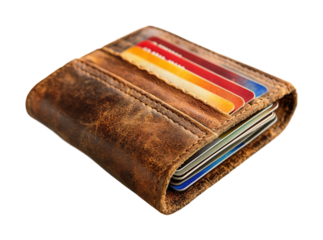 Stylish leather wallet displaying multiple credit cards ideal for everyday use isolated on transparent background