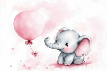 Adorable baby elephant character in a colorful balloon scene.