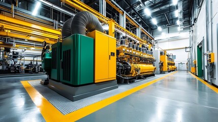 In a brightly lit interior, a standalone diesel generator set, complete with a fuel tank and control panel, is set up on a concrete floor, ready for emergency power supply