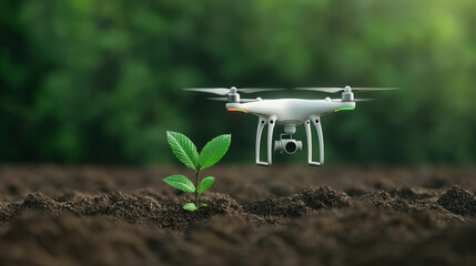 drone hovering above young plant deforested area, showcasing technology reforestation efforts