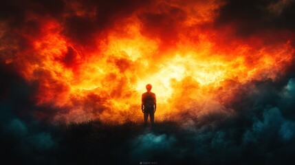 Obraz premium Fiery Sky, Lone Figure, Apocalyptic Landscape, Dramatic Artwork