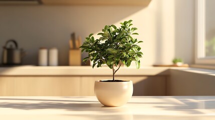 Fresh small tree in a sleek pot on a sunny countertop