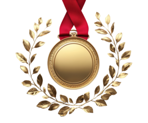 Gold medal with red ribbon surrounded by laurel leaves symbolizing achievement and victory isolated on transparent background