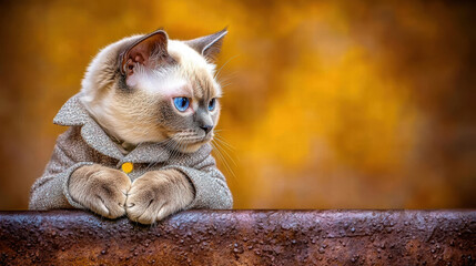 Fototapeta premium Animal wearing a tailored fashion clothes, A cute cat with blue eyes sits pensively on a wooden surface, adorned with a stylish collar, against a warm, blurred background.